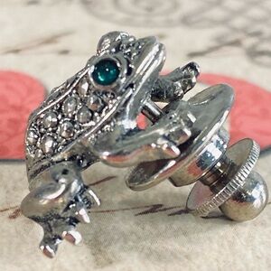 Vintage Avon Frog Lapel Pin Tie Tack Marcasite Green Eyes Silver Tone Whimsical